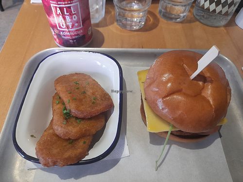 Vegan Yolko Ono burger, hash brown, strawberry kombucha at Mad Yolks in County Dublin