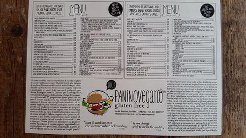 menu at the Panino Vegano at Panino Vegano in Florence