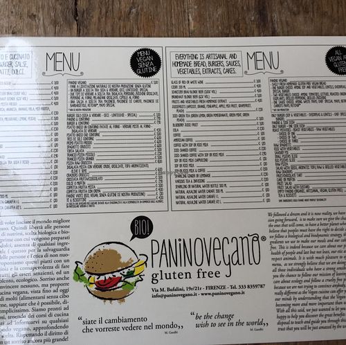menu  at Panino Vegano in Florence