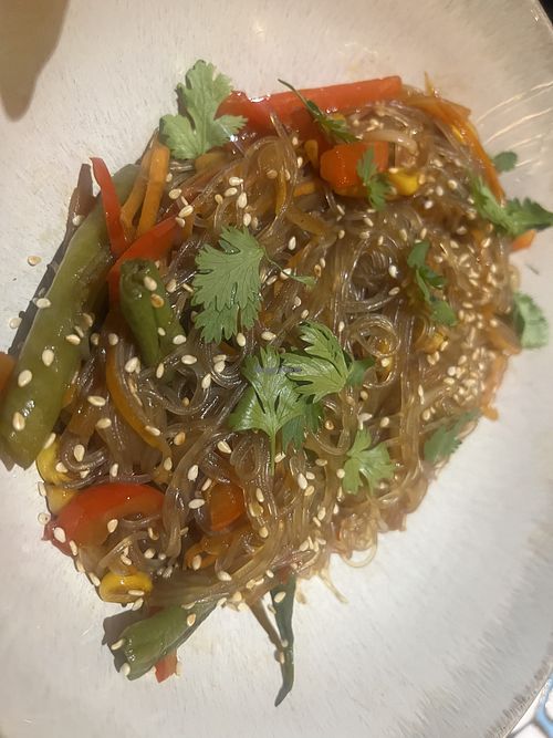 Vegan wok- glass noodles with vegetables   at Cafe De Bobo in Dushanbe