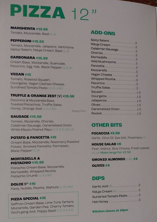 Pizza menu as of July 2025 at Bonobo in County Dublin