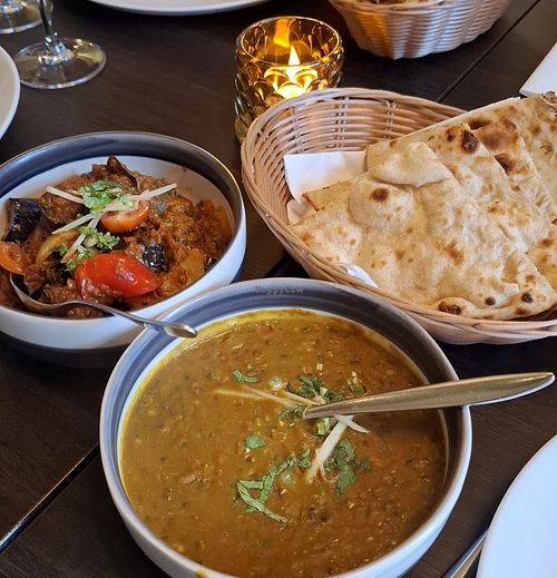 Aubergine Masala Bliss, Annapurna Himali Dal and naan bread at Base Camp Indian Kitchen in Cardiff
