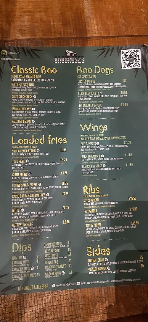 Menu at Baobros23 at Archie's in England