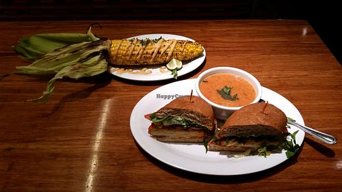 Buffalo Chicken sandwich and Roasted corn  at Veggie Grill in Mountain View