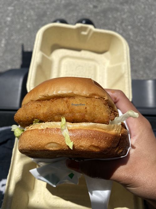 Crispy Buffalo Chickin' (so big compared to my hands)  at Veggie Grill in Mountain View