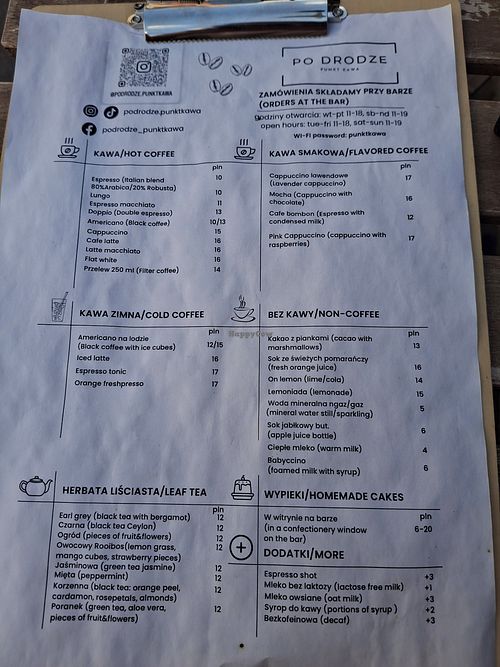 Menu at Po Drodze Punkt Kawa in Poznan