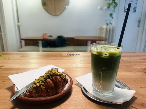 Pistachio croissant and matcha lattee  at Müz Botanik & Coffee in Istanbul