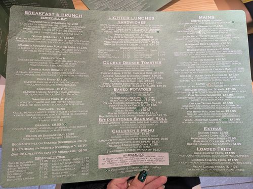Menu as of May 2026 at Bridgestones in Norwich