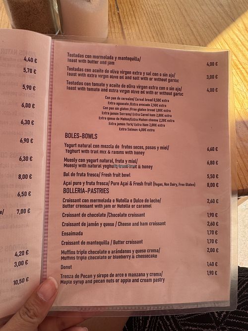 Parte de la carta  at Bakery Cala Torret in Illes Balears