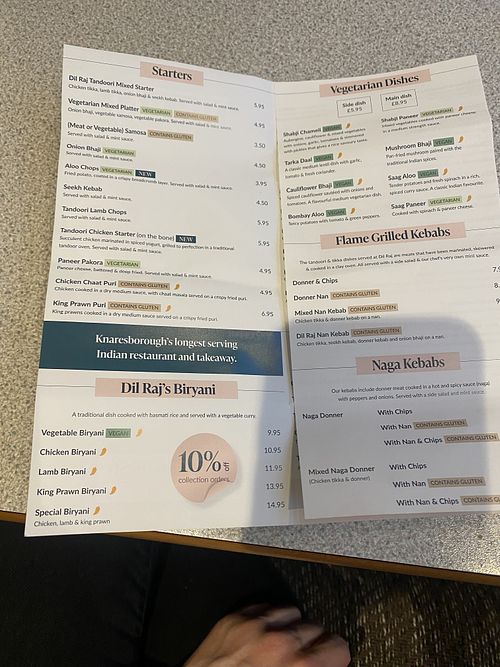 Lots of clearly labelled dishes   at Dil Raj Indian Restaurant and Takeaway Knaresborough in Knaresborough