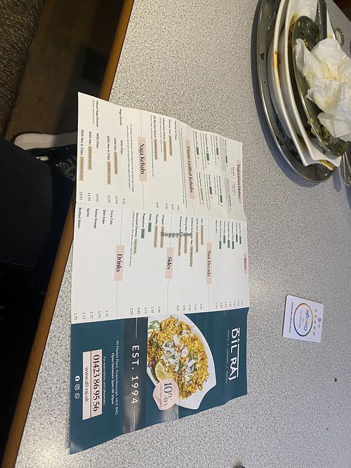 Clearly labelled menu   at Dil Raj Indian Restaurant and Takeaway Knaresborough in Knaresborough