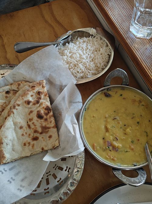 Dahl Takda with vegan naan and basmati rice at Diwali Indian Cuisine  in San Francisco