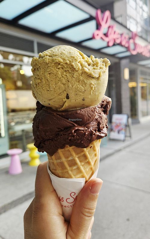 Pistachio and Turtle on a GF Waffle Cone at Life Is Sweet Confections in North Vancouver