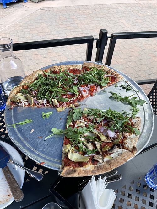 Veggie pizza with marinara sauce  at Blue Moose Pizza Beaver Creek in Avon