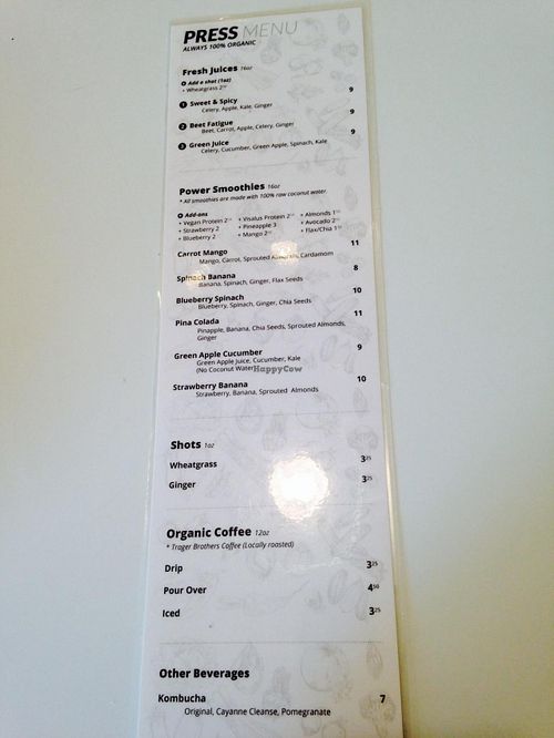 Menu at PRESS in Washington