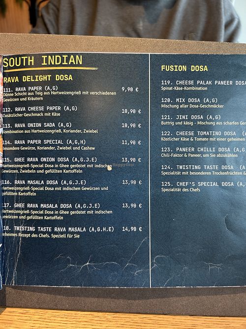 South Indian menu  at The 2nd Wife in Dusseldorf
