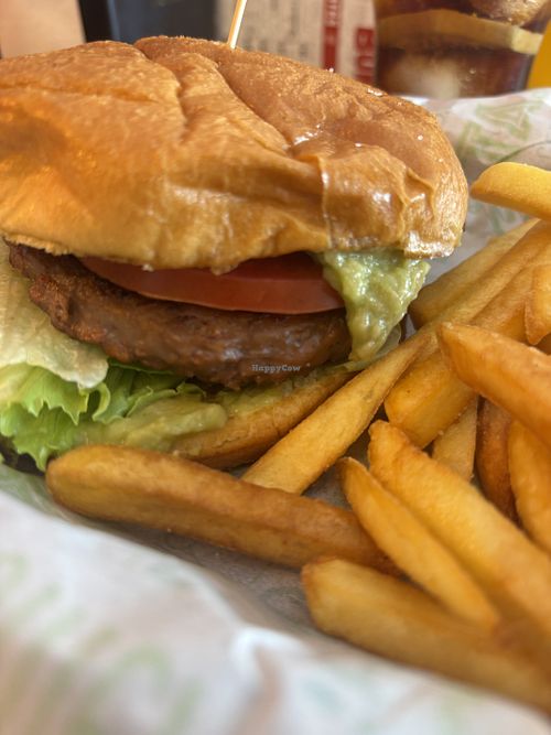 Hamburguesa vegana con guacamole, lechuga, tomate y patatas fritas.  at Quebec Burguer in Cantabria