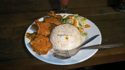 Tempeh kare con arroz y cap cay at Cosmos Cafe in Bulukumba Regency