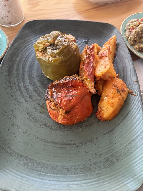 Stuffed pepper and tomato zucchini fries  at Rouvera  in Mykonos