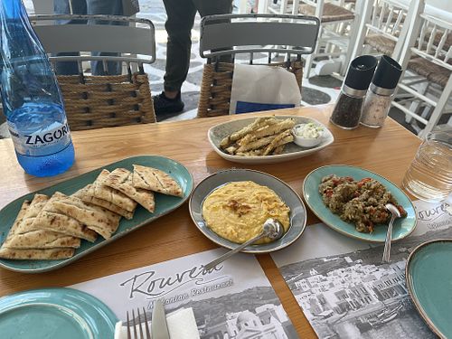 Zucchini fries, split pea dip and eggplant salad   at Rouvera  in Mykonos