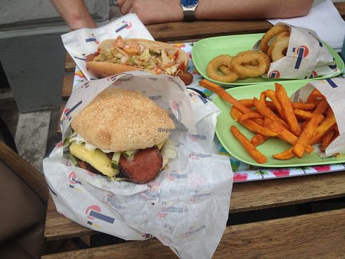 Burger with Gary and Bacon, hotdog, onion rings, and sweet potato fries! at Astrid och Aporna - Astrid og Aberne in Copenhagen