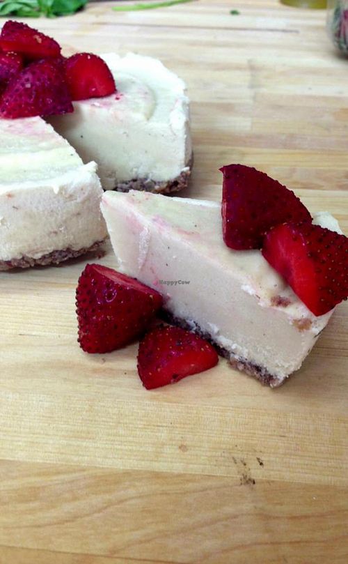Cashew cream cake garnished with straberries at Yuli's Lunch Box in Haifa