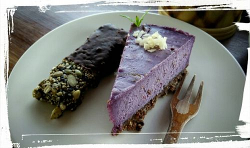 Raw blueberry cheesecake and raw granola bar. at The Seeds of Life in Ubud