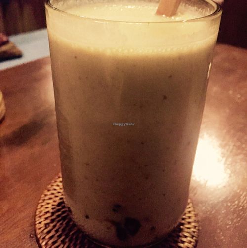 yummy smoothie! banana, almond butter, lucuma, irish moss, dates, coconut milk and sea salt!! at The Seeds of Life in Ubud