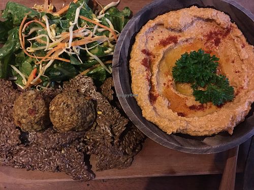 Falafel plate (flaxseed crackers, quinoa falafel, hummus, Moroccan salad) at The Seeds of Life in Ubud