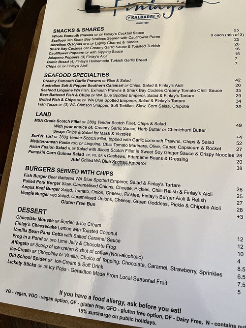 Menu 2025  at Finlay's Kalbarri in Kalbarri