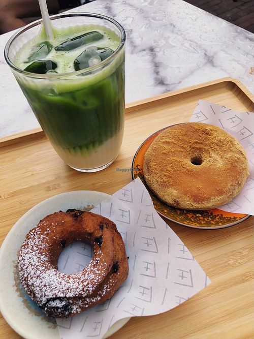 Dried fruit & roasted soyflour donut + matcha latte with soy milk at &Japonism (Tamariya) in Amsterdam