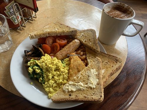 Hearty vegan breakfast and oat milk chai latte  at Cherry Reds Cafe and Bar in Birmingham