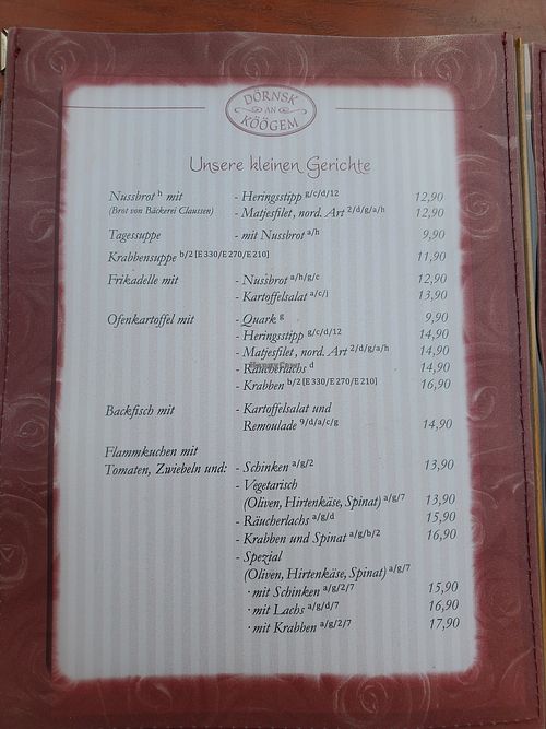Speisekarte at Dörnsk an Köögem in Nebel