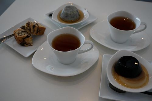 Vegan Sweets: Sesame Pudding (back), Cereal Coffee Pudding (front), Marble Pound Cake (left). at Cafe Molty in Tokyo