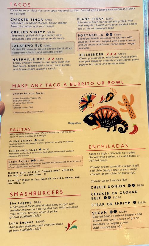 Back side of menu with several labeled vegan options  at Cantina Verde in Green Mountain Falls