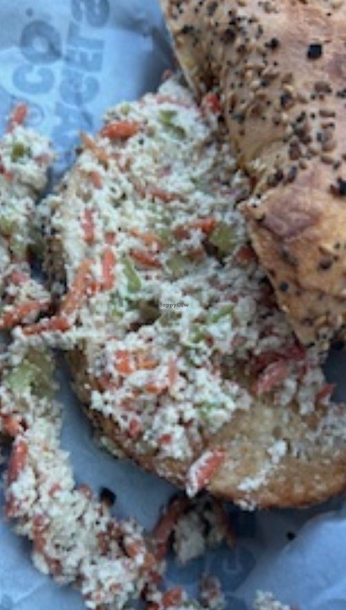 This is what their “veggie tofu” cream cheese was like … crumbled tofu and veggies making the bagel soggy.  at Bagels & Co. in Tallahassee