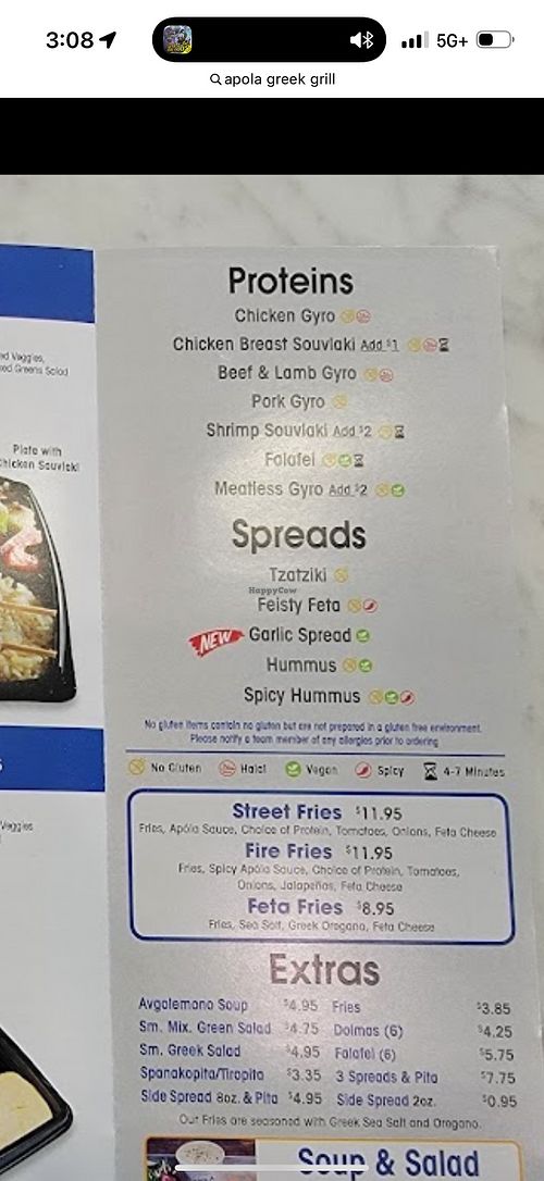 Vegan logo on menu  at Apola Greek Grill in Santa Clarita