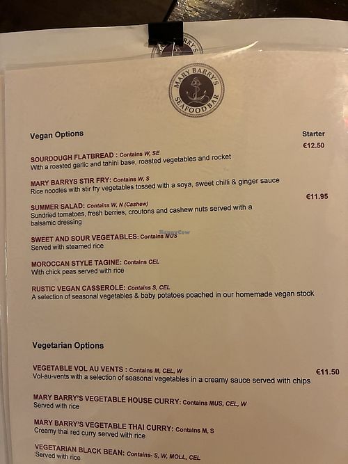 Vegan moptions oavailable on the menu at Mary Barry's Bar in Wexford