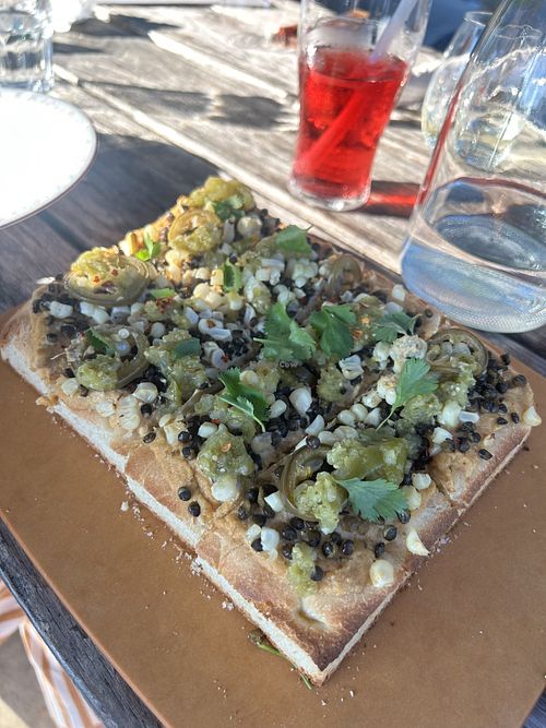 Vegan lentil taco pizzaa  at Little Fish Brewing Company in Athens