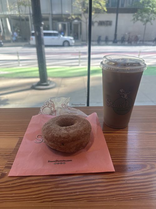 Vegan cinnamon sugar donut and cold brew with soy milk  at Stan’s Donuts & Coffee in Chicago