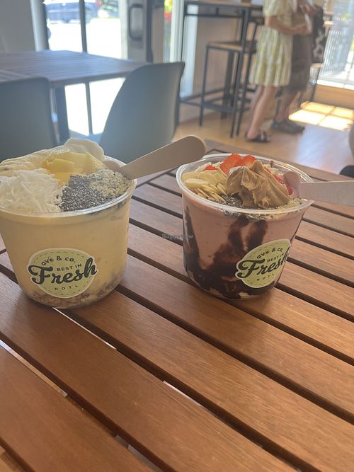 Yellow and chocolate smoothie bowls!!  at Avo and Co. in Niagara-on-the-lake