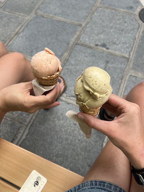 Orange rhubarb (left) pistachio praline (right)  at Isotope in île-de-france