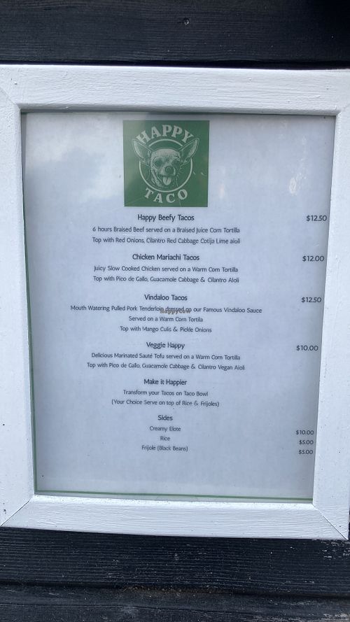 Menu in August 2025  at Happy Taco in Provincetown