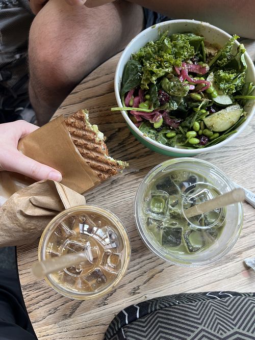 Vegan bowl & sandwich, blueberry latte and lavender macha latte (drinks are seasonal)  at Joe & The Juice in Washington