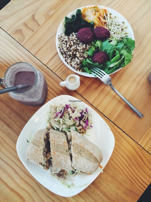 The Banh mi, beet ball bowl, and the blue goji smoothie  at Ooh Cha Cha - Zhongzheng District in Taipei