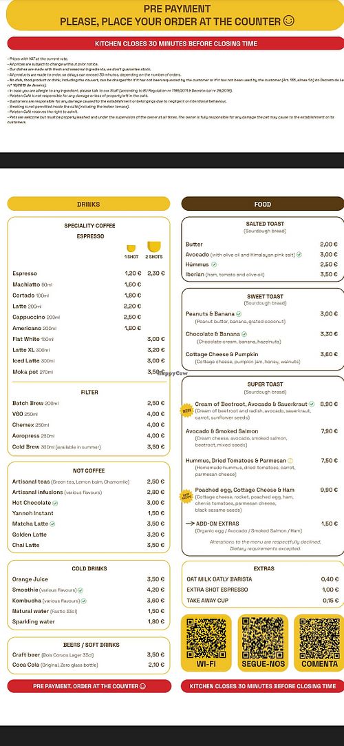 Menu at Peloton Café & Cycling in Viana Do Castelo