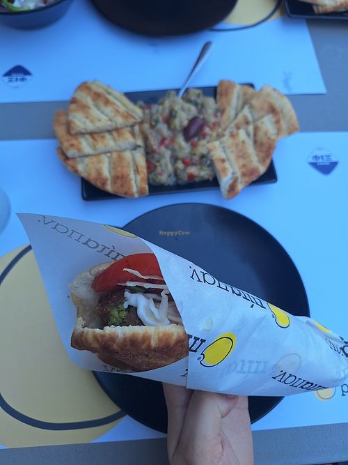 Falafel pita and eggplant salad with bread at Pita Pan in Athens