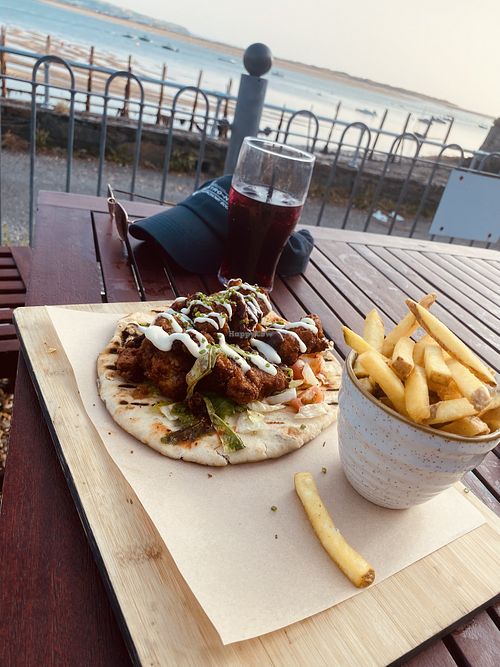 Cauliflower wings flat bread with chips   at Penhelig Arms in Wales