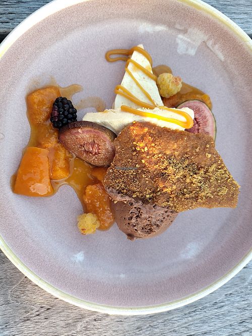 Chocolate mousse with vanilla parfait and fruit at Hafner Wirtshaus in Neuschoenau