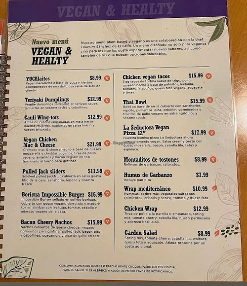 Vegan menu  at La Patria Restobar in San Juan